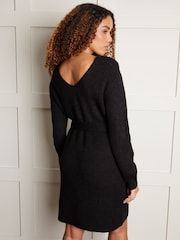 Threadbare Black V-Neck Belted Knitted Jumper Dress - Image 2 of 4