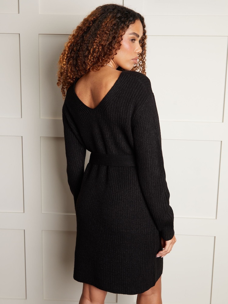 Threadbare Black V-Neck Belted Knitted Jumper Dress - Image 2 of 4