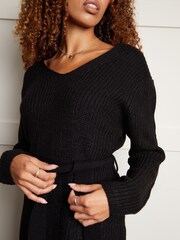 Threadbare Black V-Neck Belted Knitted Jumper Dress - Image 4 of 4