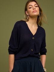 Navy Blue Linen Button Up Cardigan - Image 1 of 6