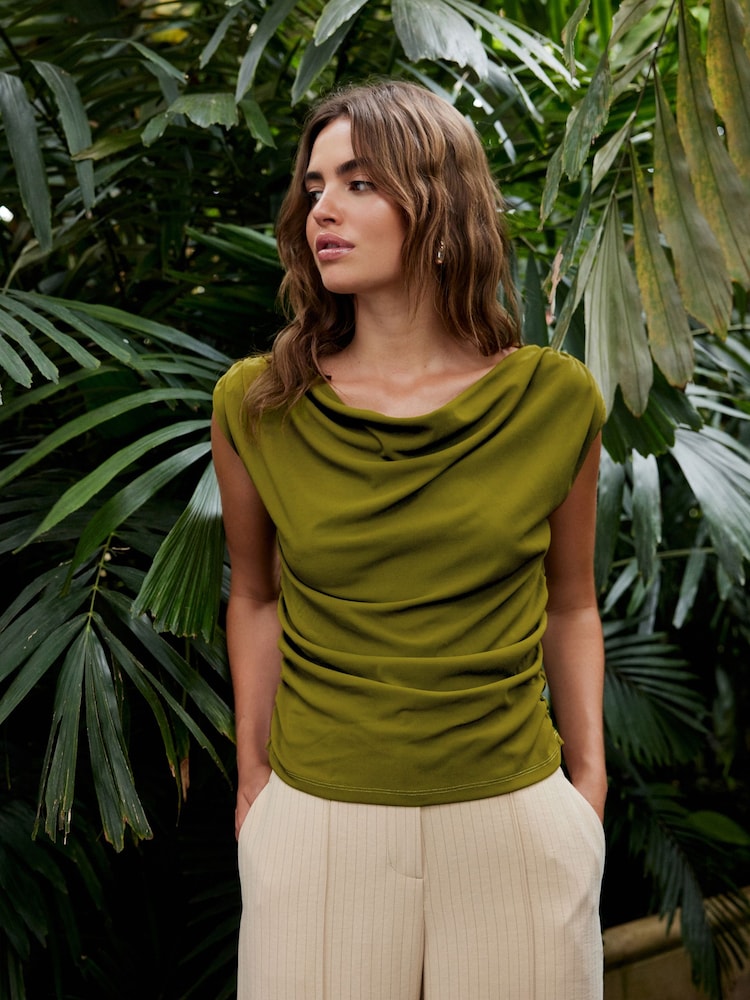 Olive Green Sleeveless Drape Top - Image 1 of 6
