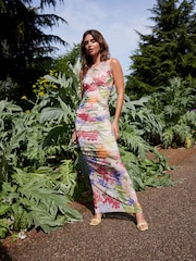 Multi Pink Floral Kew Collection Ruched Mesh Floral Maxi Dress - Image 1 of 7
