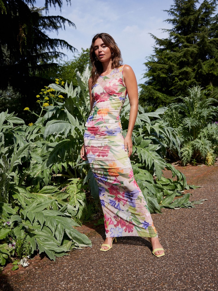Multi Pink Floral Kew Collection Ruched Mesh Floral Maxi Dress - Image 1 of 7