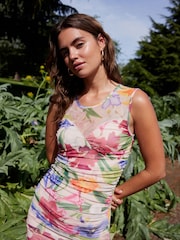 Multi Pink Floral Kew Collection Ruched Mesh Floral Maxi Dress - Image 2 of 7
