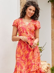 Sosandar Pink Printed 100% Linen Wrap Dress - Image 4 of 5