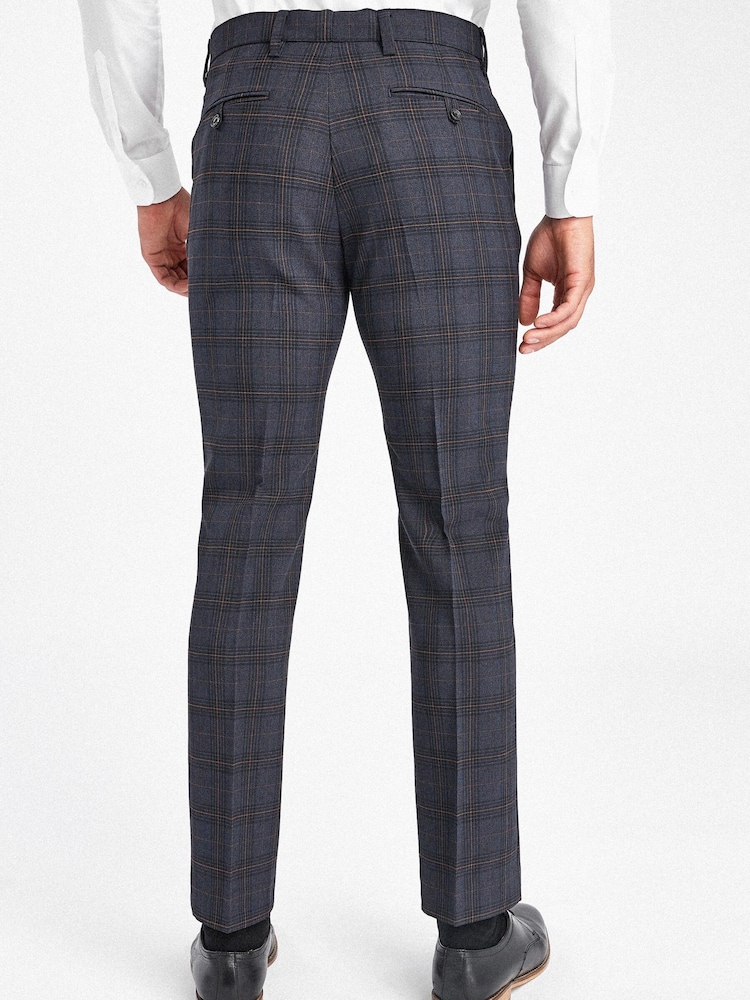 Navy Blue/Rust Brown Slim Fit Check Slim Fit Trousers - Image 2 of 4 Navy Blue/Rust Brown Slim Fit Check Slim Fit Trousers - Image 2 of 4