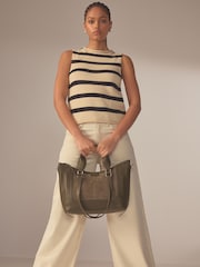 Khaki Green Leather Handheld Grab Bag - Image 2 of 8