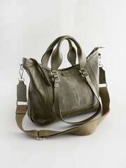 Khaki Green Leather Handheld Grab Bag - Image 4 of 8
