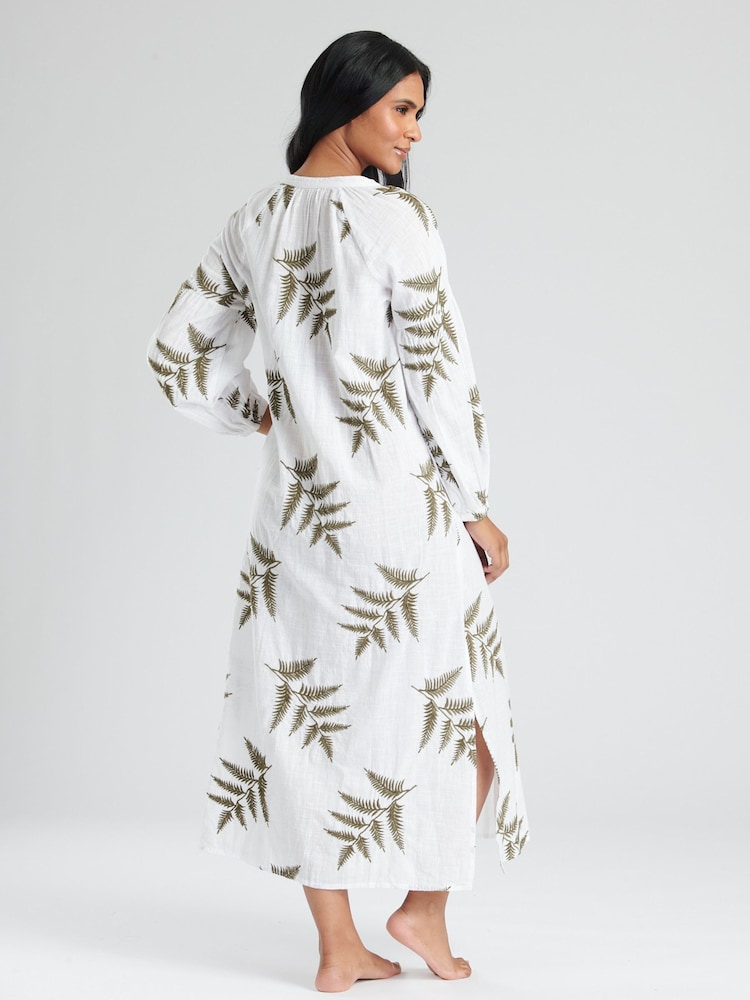 South Beach White Longsleeve Tie Neck Beach Dress with Leaf Embroidery - Image 2 of 5 South Beach White Longsleeve Tie Neck Beach Dress with Leaf Embroidery - Image 2 of 5