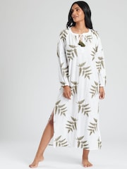 South Beach White Longsleeve Tie Neck Beach Dress with Leaf Embroidery - Image 3 of 5