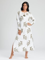 South Beach White Longsleeve Tie Neck Beach Dress with Leaf Embroidery - Image 4 of 5