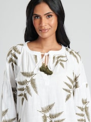 South Beach White Longsleeve Tie Neck Beach Dress with Leaf Embroidery - Image 5 of 5
