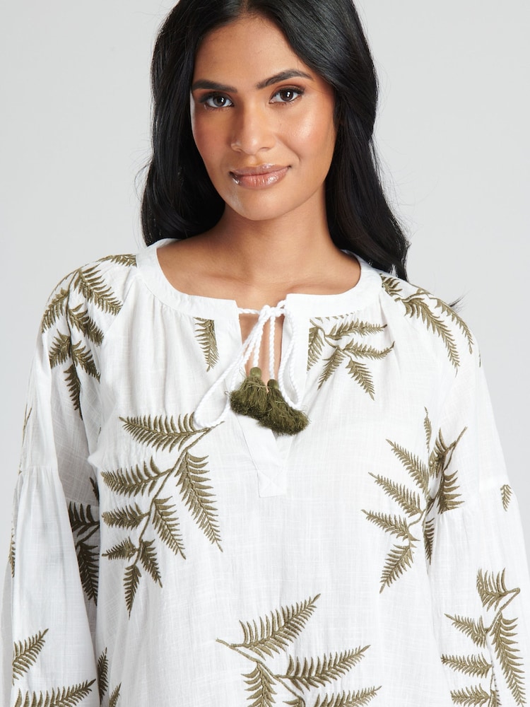 South Beach White Longsleeve Tie Neck Beach Dress with Leaf Embroidery - Image 5 of 5 South Beach White Longsleeve Tie Neck Beach Dress with Leaf Embroidery - Image 5 of 5