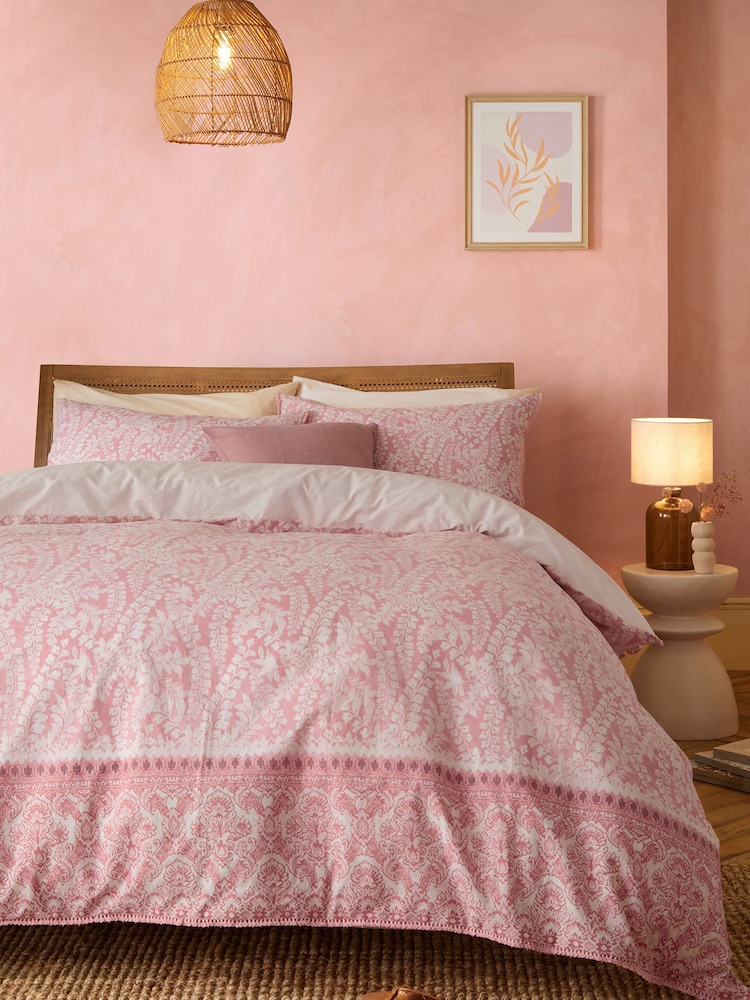 Pink Woodblock Reversible 100% Cotton Duvet Cover and Pillowcase Set - Image 1 of 7 Pink Woodblock Reversible 100% Cotton Duvet Cover and Pillowcase Set - Image 1 of 7