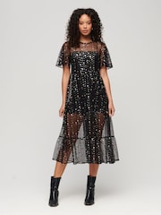 Superdry Black Sheer Sequin Woven Midi Dress - Image 1 of 3
