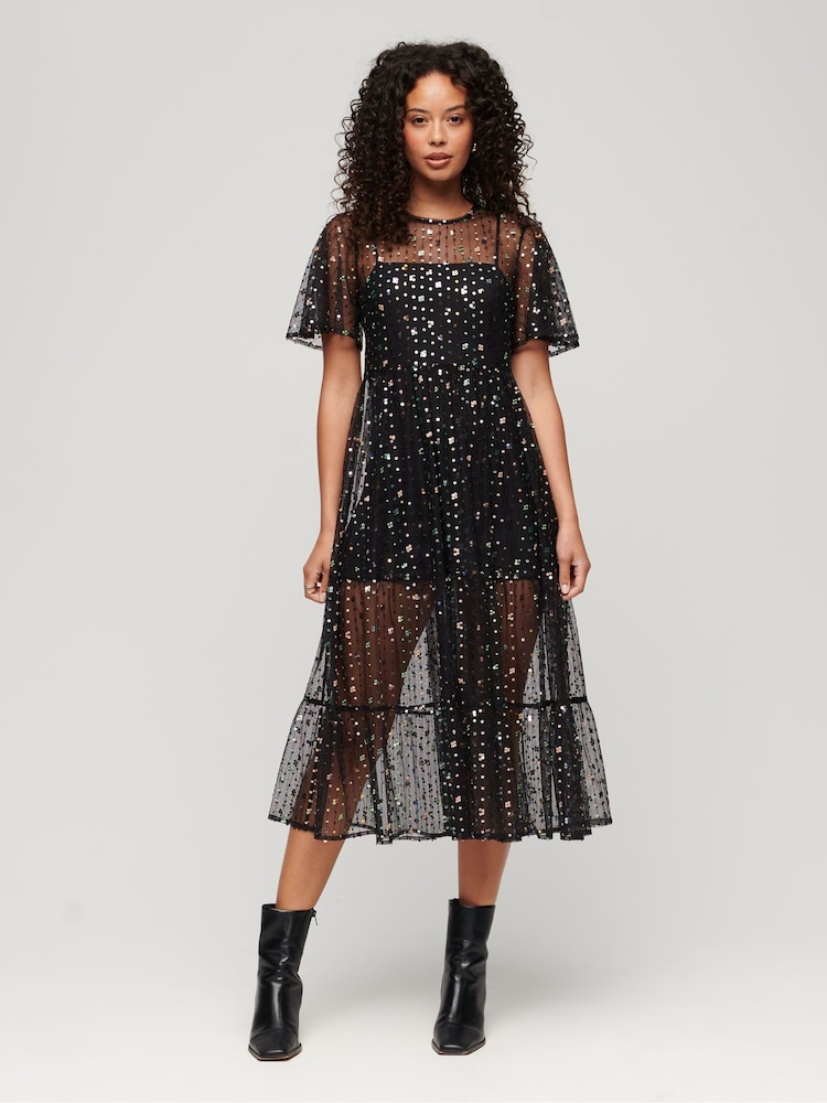 Superdry Black Sheer Sequin Woven Midi Dress - Image 1 of 3 Superdry Black Sheer Sequin Woven Midi Dress - Image 1 of 3