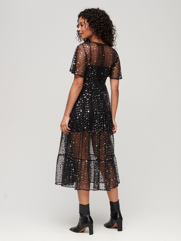 Superdry Black Sheer Sequin Woven Midi Dress - Image 2 of 3 Superdry Black Sheer Sequin Woven Midi Dress - Image 2 of 3
