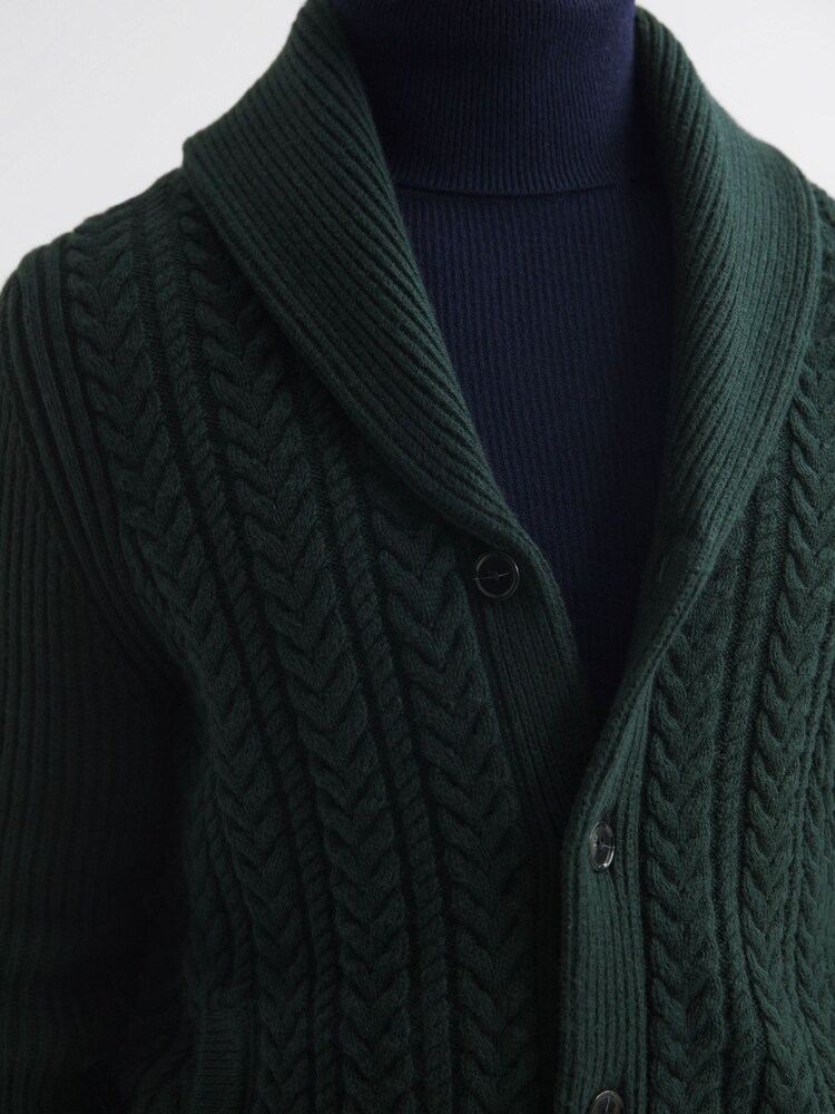 Reiss Forest Green Ashbury Cotton Blend Cable Knit Cardigan - Image 1 of 5