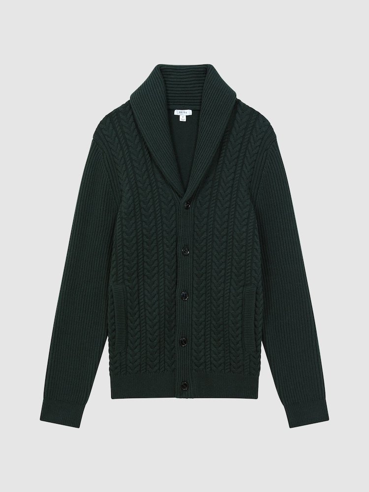 Reiss Forest Green Ashbury Cotton Blend Cable Knit Cardigan - Image 2 of 5