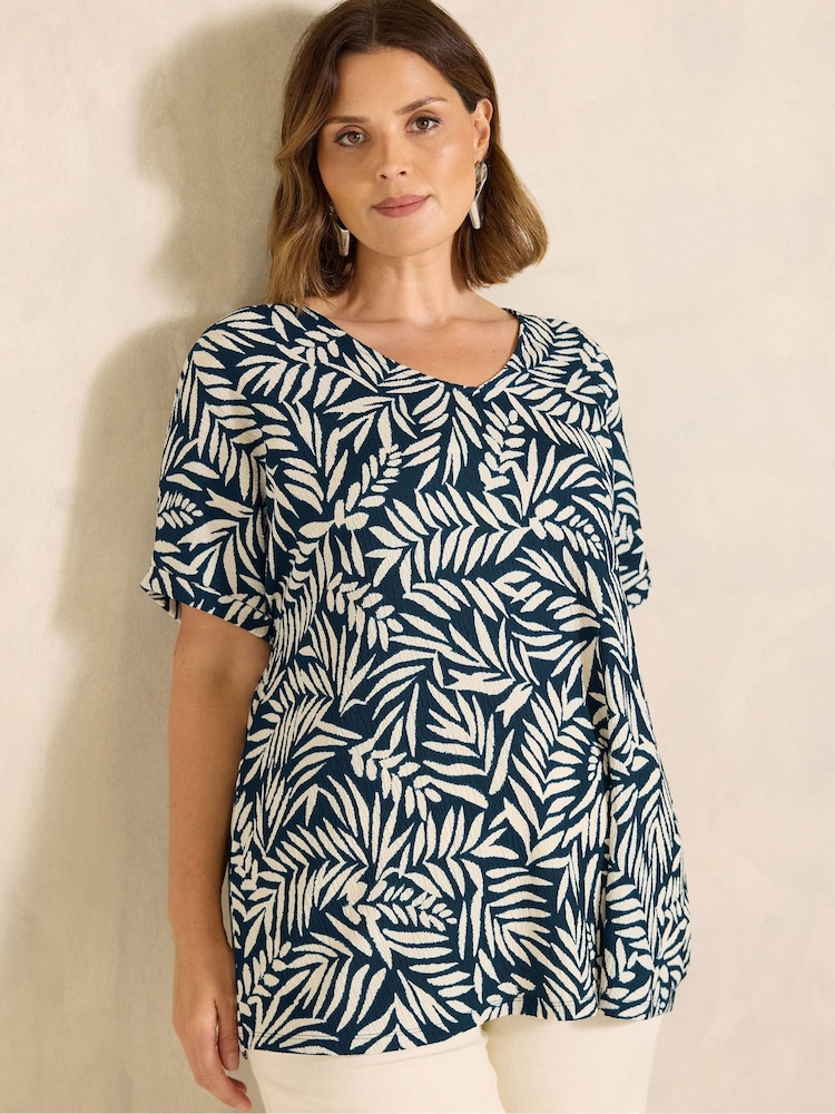 Evans Navy Blue Leaf Print V-Neck Shell Top - Image 1 of 5 Evans Navy Blue Leaf Print V-Neck Shell Top - Image 1 of 5