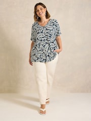 Evans Navy Blue Leaf Print V-Neck Shell Top - Image 2 of 5
