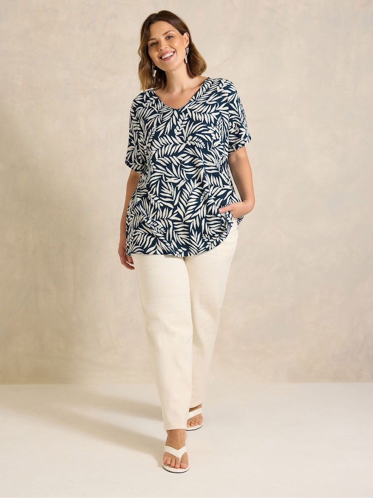 Evans Navy Blue Leaf Print V-Neck Shell Top - Image 2 of 5 Evans Navy Blue Leaf Print V-Neck Shell Top - Image 2 of 5