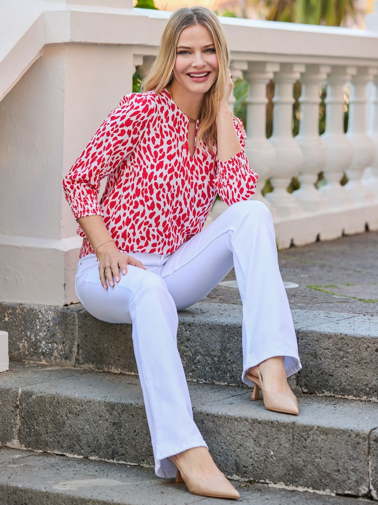 Sosandar Red Fleck Print Key Hole Detail Shirred Hem Top - Image 1 of 5