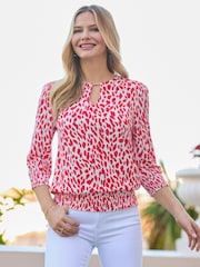 Sosandar Red Fleck Print Key Hole Detail Shirred Hem Top - Image 2 of 5