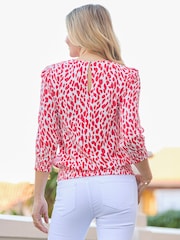 Sosandar Red Fleck Print Key Hole Detail Shirred Hem Top - Image 4 of 5