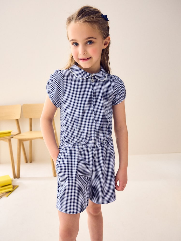 Navy Zip Front Cotton Rich Gingham School Playsuit (3-14yrs) - Image 1 of 8