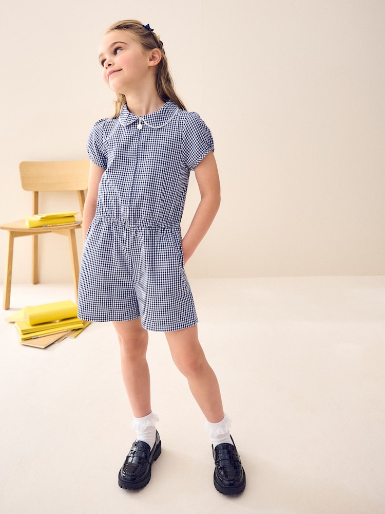 Navy Zip Front Cotton Rich Gingham School Playsuit (3-14yrs) - Image 2 of 8