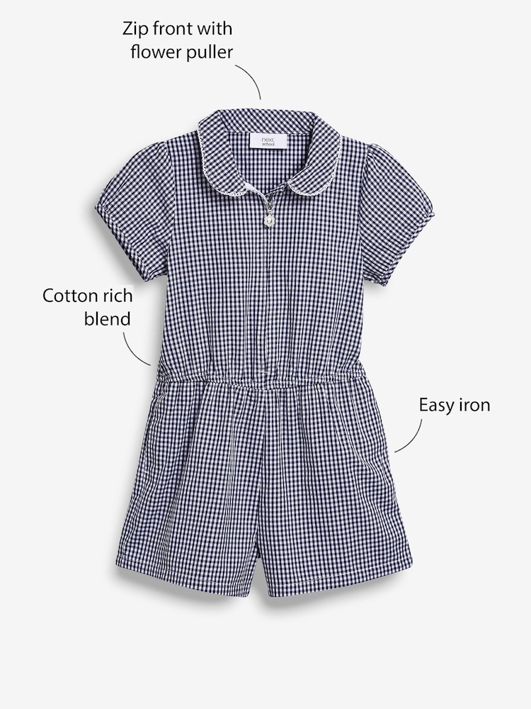 Navy Zip Front Cotton Rich Gingham School Playsuit (3-14yrs) - Image 3 of 8