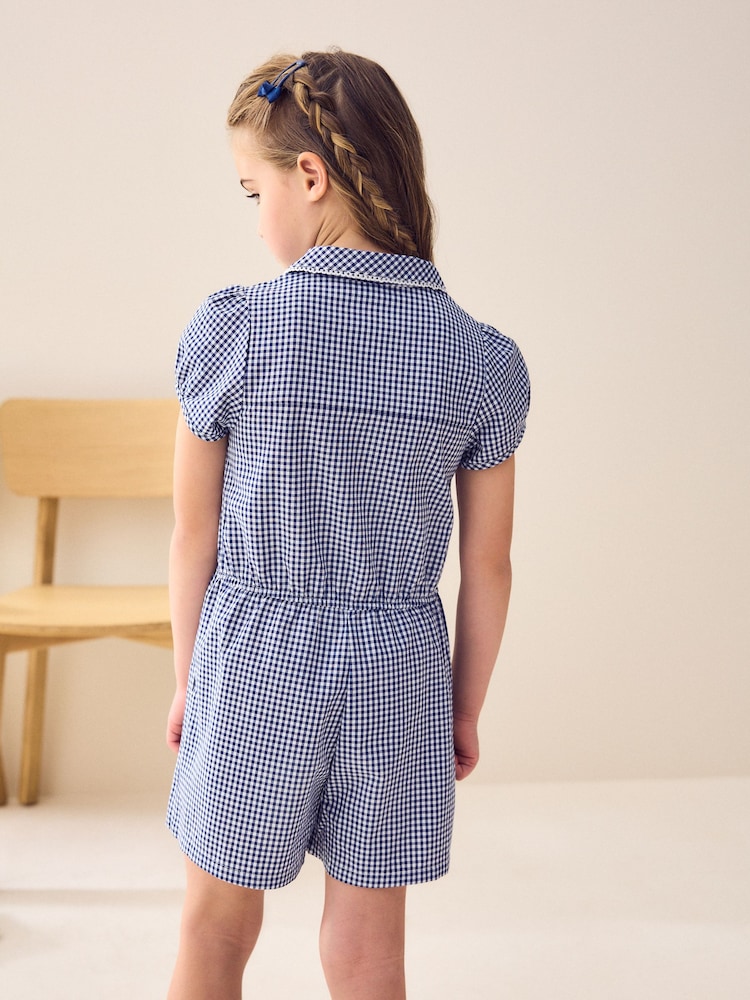 Navy Zip Front Cotton Rich Gingham School Playsuit (3-14yrs) - Image 4 of 8