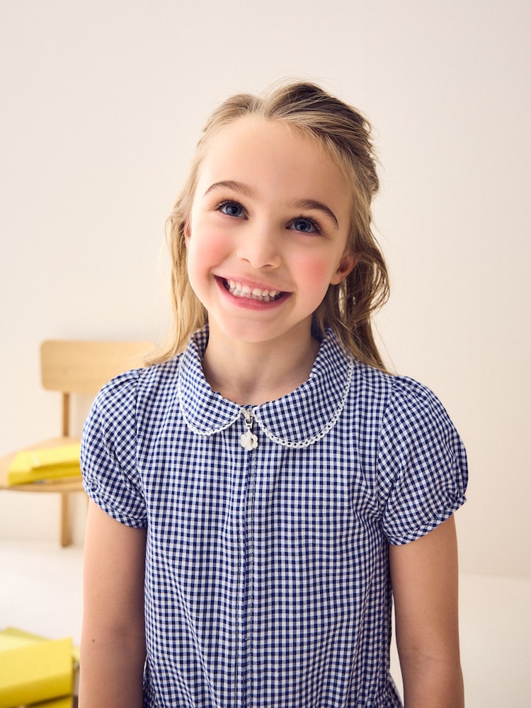 Navy Zip Front Cotton Rich Gingham School Playsuit (3-14yrs) - Image 5 of 8