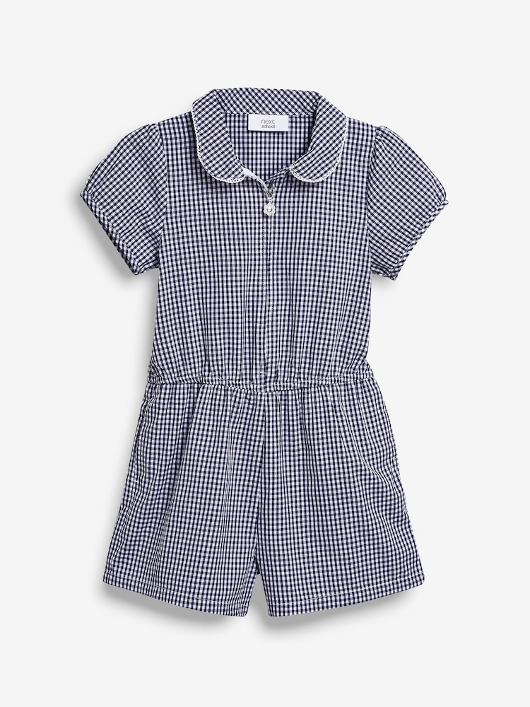 Navy Zip Front Cotton Rich Gingham School Playsuit (3-14yrs) - Image 6 of 8