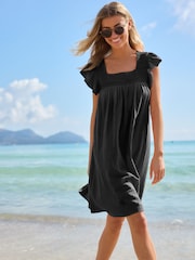Black 100% Cotton Square Neck Crochet Flutter Sleeve Mini Dress - Image 1 of 8
