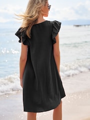 Black 100% Cotton Square Neck Crochet Flutter Sleeve Mini Dress - Image 3 of 8