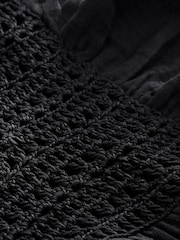 Black 100% Cotton Square Neck Crochet Flutter Sleeve Mini Dress - Image 7 of 8