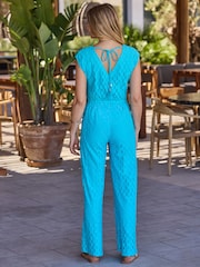 Sosandar Blue Crochet Keyhole Detail Wide Leg Jumpsuit - Image 4 of 5