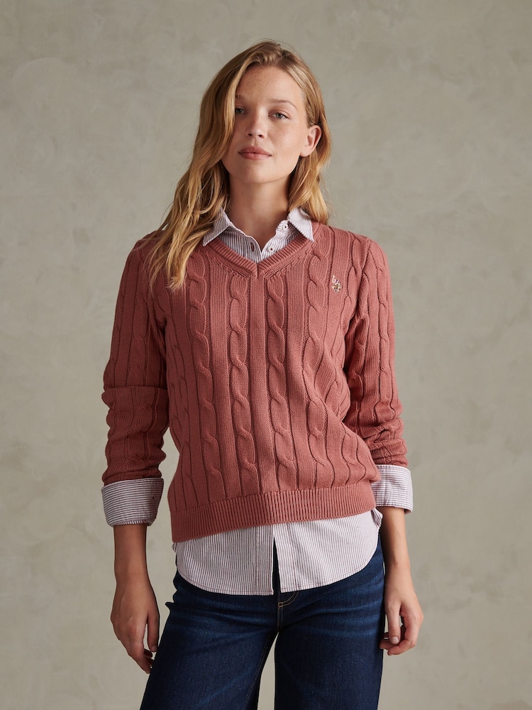 U.S. Polo Assn. Red V-Neck Cable Knit Jumper - Image 1 of 6 U.S. Polo Assn. Red V-Neck Cable Knit Jumper - Image 1 of 6