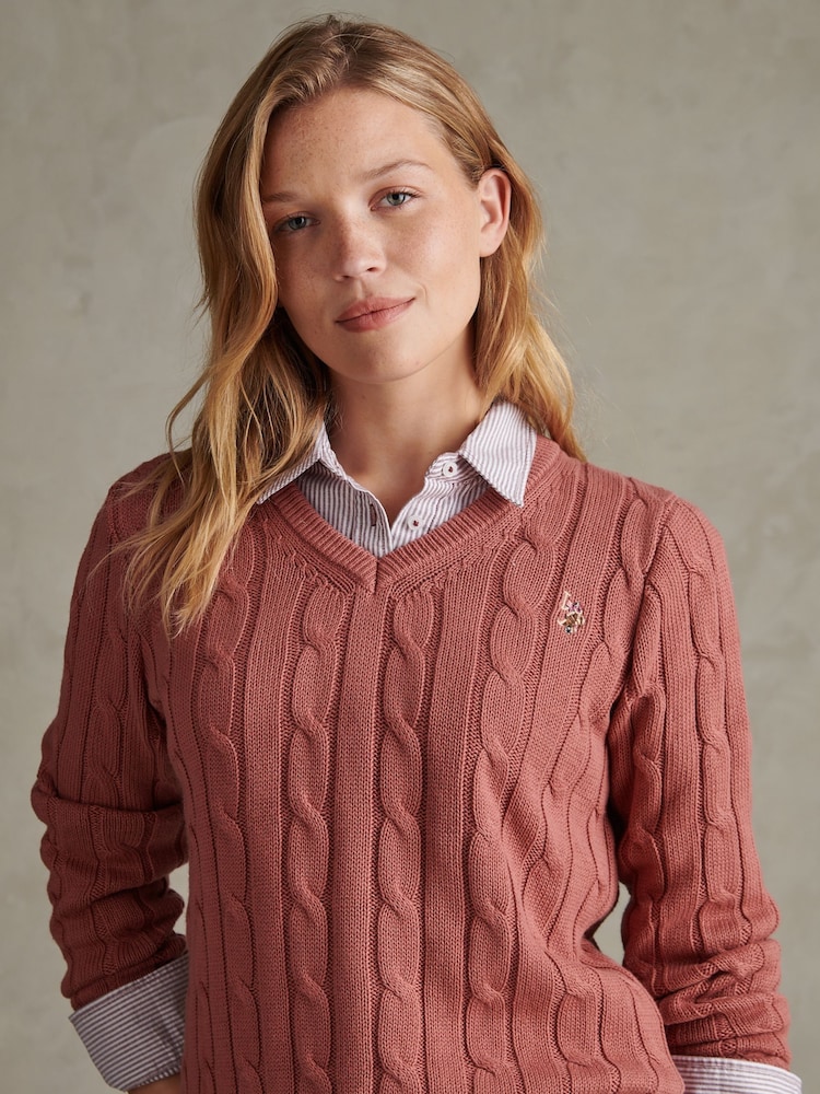 U.S. Polo Assn. Red V-Neck Cable Knit Jumper - Image 2 of 6 U.S. Polo Assn. Red V-Neck Cable Knit Jumper - Image 2 of 6