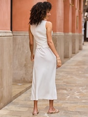 Sosandar White Linen Blend Drawstring Midi Skirt - Image 3 of 5
