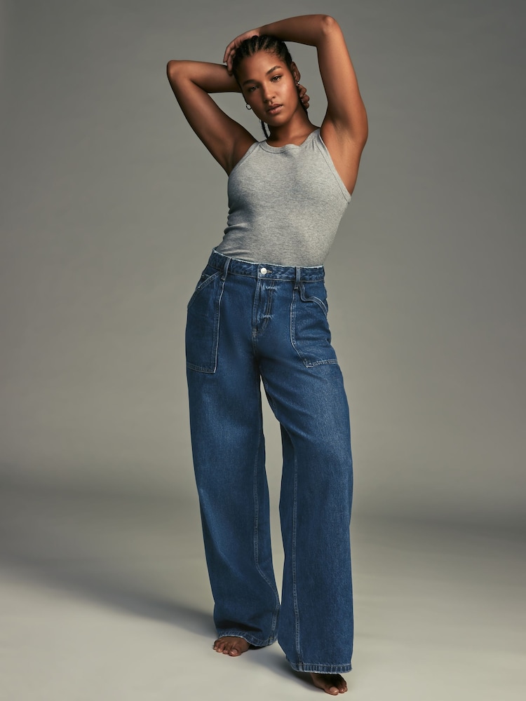Dark Blue Adjustable Cinch Back Wide leg Hourglass 100% Cotton Jeans - Image 2 of 10