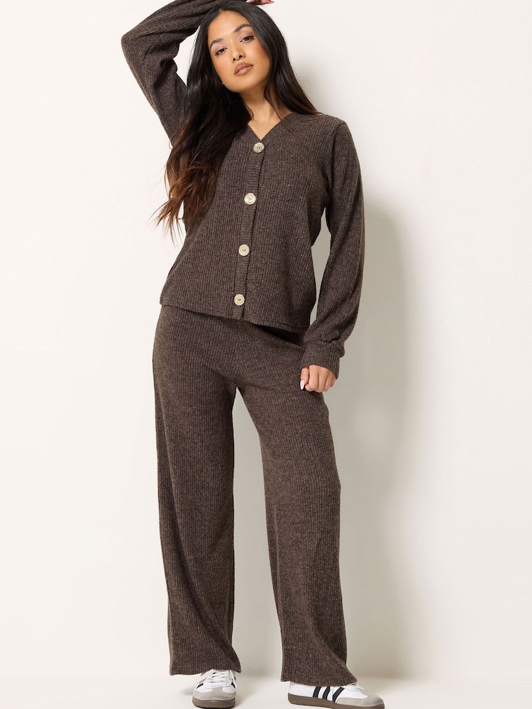 PixieGirl Petite Brown Ribbed Cardigan & Wide Leg Trousers Set - Image 1 of 7 PixieGirl Petite Brown Ribbed Cardigan & Wide Leg Trousers Set - Image 1 of 7