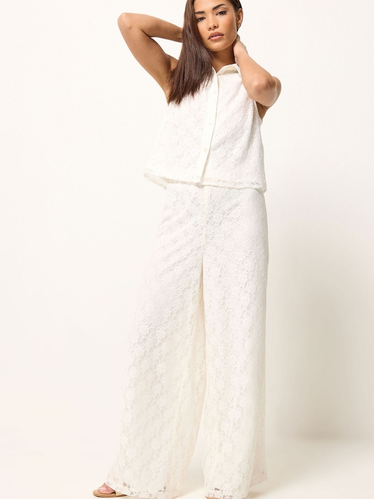 PixieGirl Petite Cream Lace Lined Shirt & Wide Leg Trousers Set - Image 2 of 7 PixieGirl Petite Cream Lace Lined Shirt & Wide Leg Trousers Set - Image 2 of 7