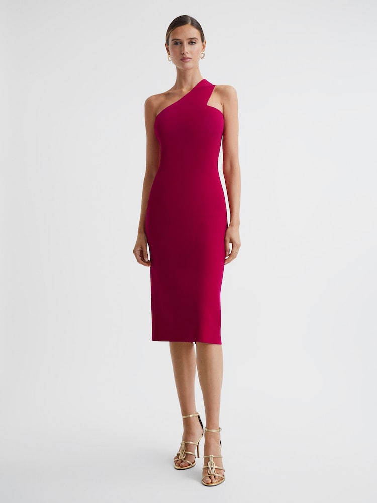 Reiss Pink Lola Knitted One Shoulder Bodycon Midi Dress - Image 1 of 5