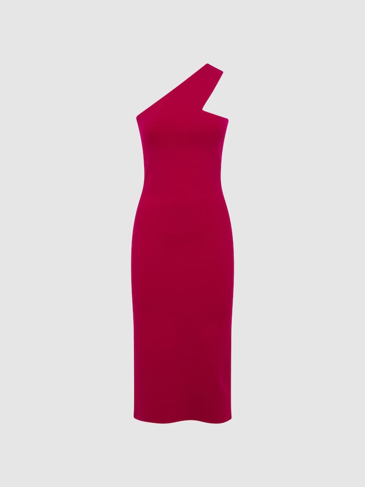 Reiss Pink Lola Knitted One Shoulder Bodycon Midi Dress - Image 2 of 5