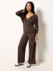 PixieGirl Petite Brown Wrap Top & Wide Leg Trousers - Image 2 of 5