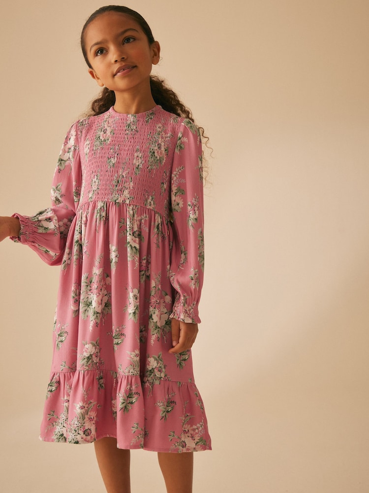 Laura Ashley Pink Shirred Midi Pink Floral Dress - Image 1 of 17 Laura Ashley Pink Shirred Midi Pink Floral Dress - Image 1 of 17