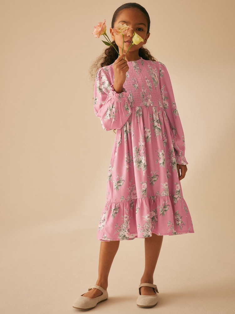 Laura Ashley Pink Shirred Midi Pink Floral Dress - Image 2 of 17 Laura Ashley Pink Shirred Midi Pink Floral Dress - Image 2 of 17